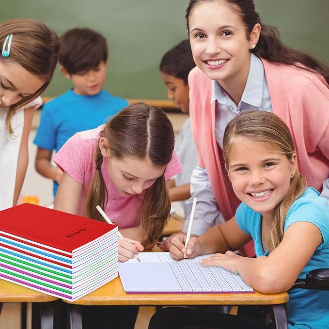 Henoyso 12 Pcs 120 Pages Primary Composition Notebooks K-2 9 3/4 x 7 1/2 Inch Journals Primary Journals Blank Books for Kids to Write Stories Kindergarten (Red,Green,Blue,Purple)