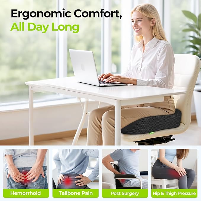 AUVON Ergonomic Donut Pillow Seat Cushion for Hemorrhoid & Tailbone Pain Relief, Thick Memory Foam Chair Cushions with Firm Support for Coccyx, Sciatica, Pressure Sores, Pregnancy, Postpartum Recovery