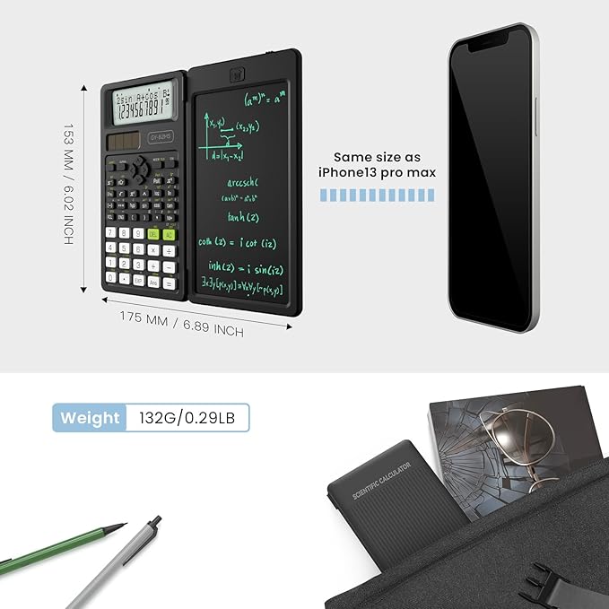 Scientific Calculators for School with Notepad, ROATEE Middle and High School Supplies for Student, 82 MS Foldable 2-Line Display Science Calculator with Writing Tablet, Solar and Battery Power Black