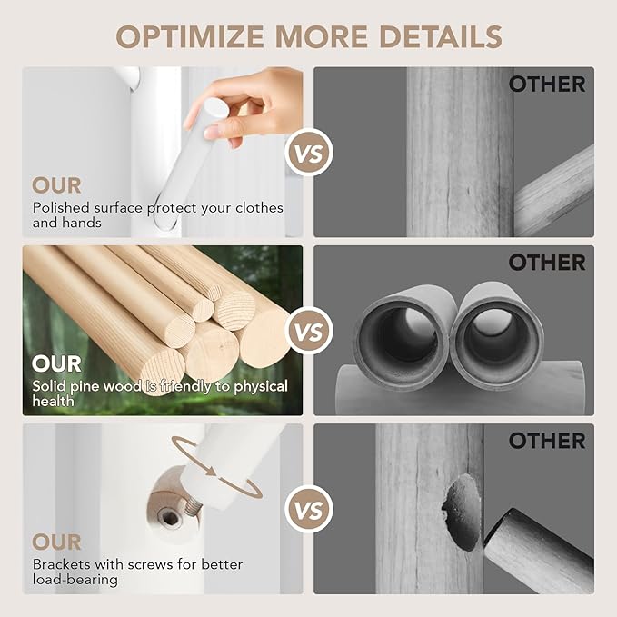 Wooden Tree Coat Rack Stand,Sturdy Freestanding Coat Rack with 8 Hooks,3 Adjustable Height for Child Adult,Wood Coat Stand Tree Fits Entryway Bedroom Office for Bags,Hats, 2 Pack