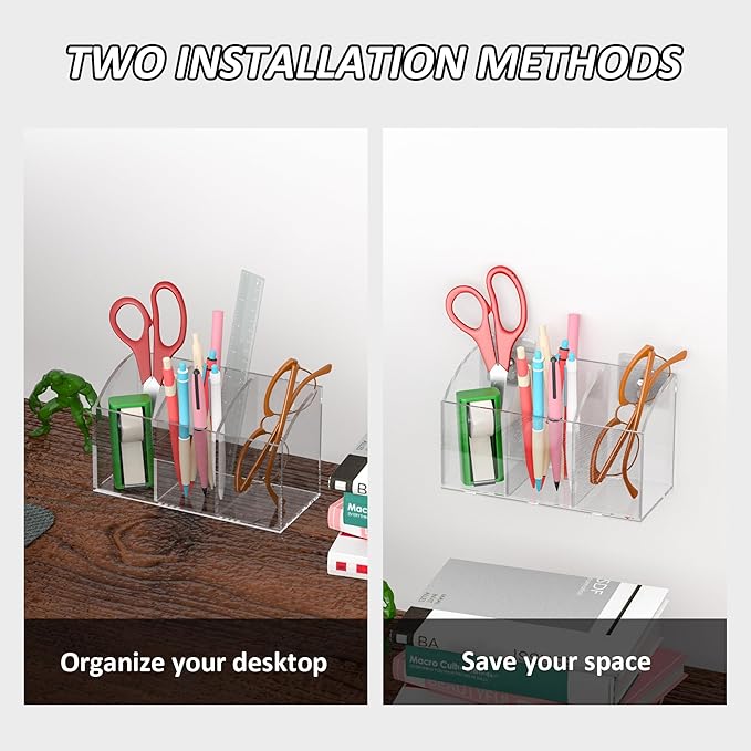 Acrylic Pen Holder Box 3 Compartments, Clear Pencil Storage Organizer for Desk or Wall, Acrylic Organizer Holder for Pens, Office Desk Accessories, Makeup Brush
