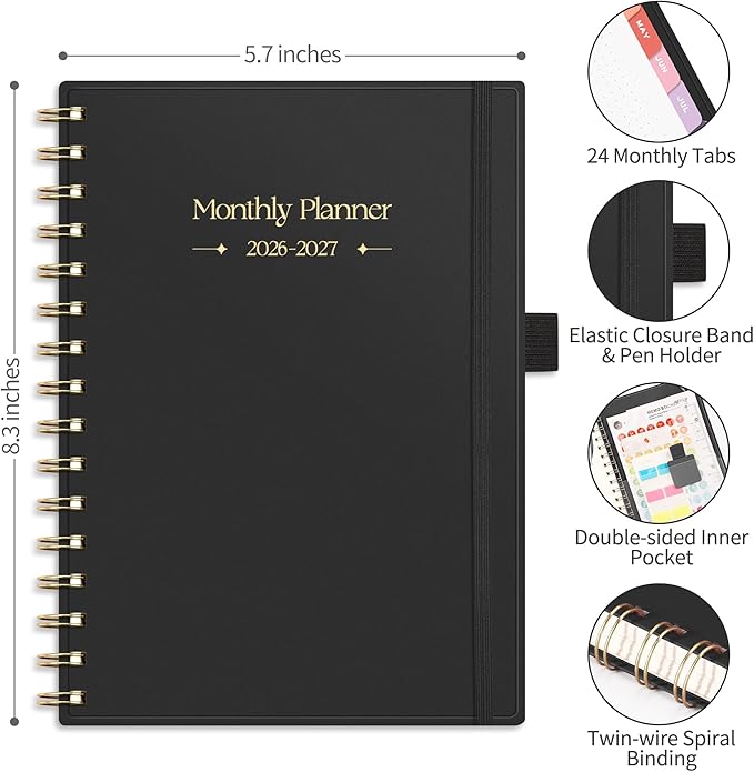 RETTACY 2026-2027 Monthly Planner, Jan 2026 - Dec 2027, Medium Size (5.7" x 8.3"), Agenda, Calendar, 24 Month Tabs, Flexible Plastic Cover, 100 GSM Thick Paper, Spiral-bound (Black)