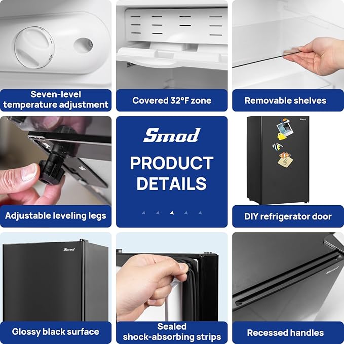 Smad 3.2 Cu.ft Compact Refrigerator with Freezer, Low Noise Mini Fridge with 7-Level Adjustable Thermostat, 110v Single Door Refrigerator for Homes Offices Dorm