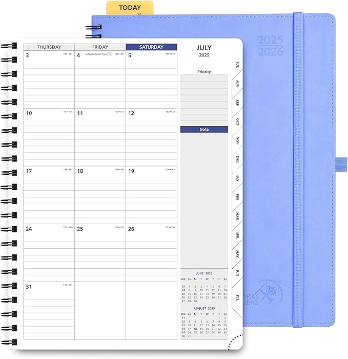 POPRUN 2025-2026 Monthly Planner Spiral Bound, 8.5'' x 11.25'' Academic Calendar (July 2025-July 2026) Appointment Book with Stair Tabs, Leather Cover, 4 Pages per Month with Notes - Cornflower