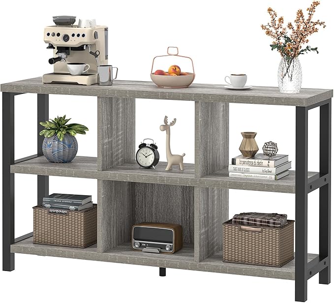 FOLUBAN 6 Cube Storage Organizer with Shelf, Industrial Horizontal Low Cubby Bookcase, Wood and Metal Bookshelf for Living Room Bedroom (Light Grey, 47 Inch)