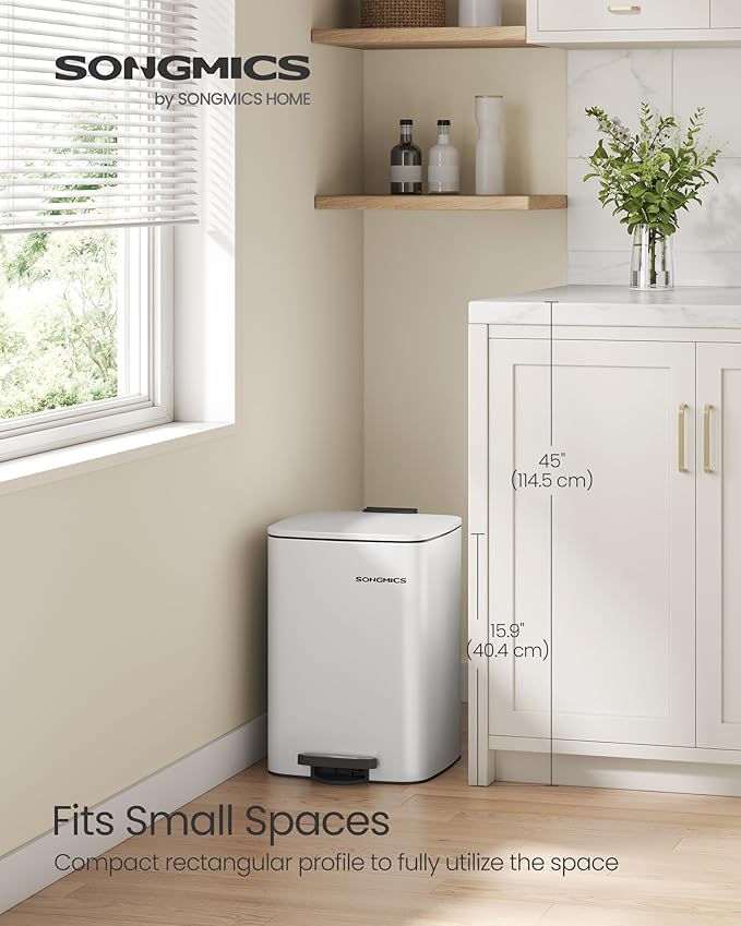 SONGMICS Kitchen Trash Can, 5.2-Gallon (20 L) Trash Bin, Stainless Steel Garbage Can, with Inner Bucket, Soft Close and Stays Open, Cloud White ULTB592W01