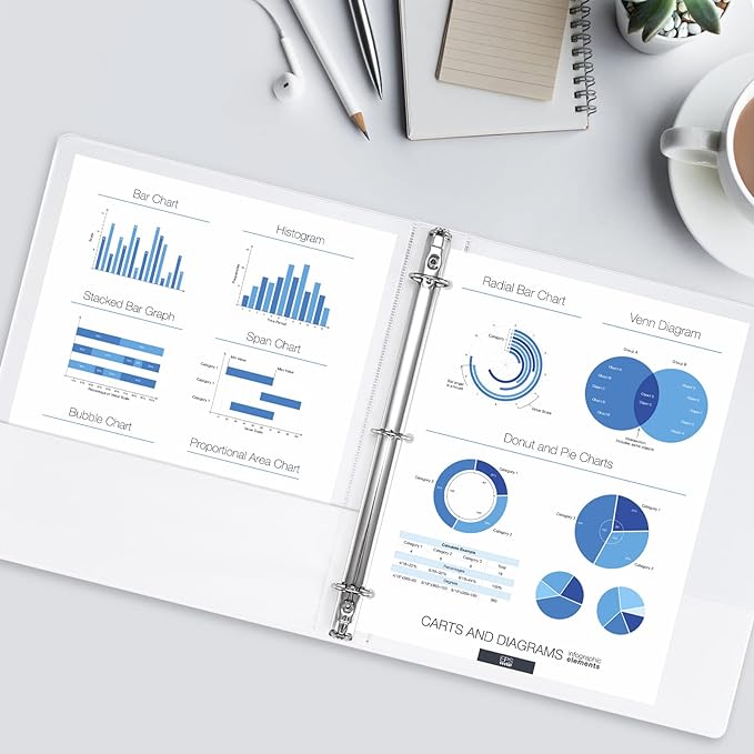 1-inch 3 Ring Binder with 2 Interior Pockets, 1'' Basic Binders Holds US Letter Size 8.5'' x 11'' Paper - Versatile Binders for Office, Home, and School Use, 6 Pack (White)