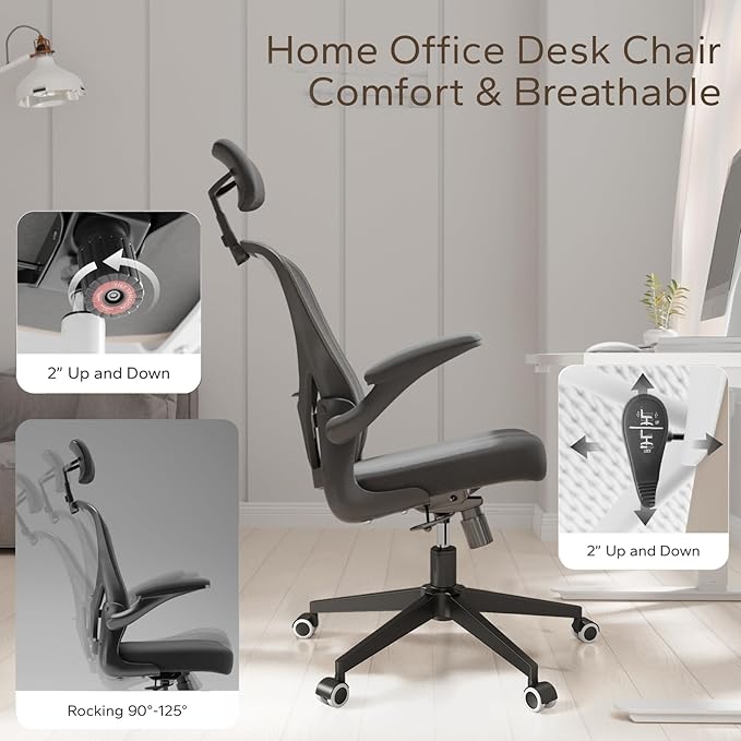 Ergonomic Office Chair with Adjustable Lumbar Support & Flip-Up Armrests - High Back Computer Desk Chair with Thickened Seat Cushion, Rolling Wheels for Home/Office Study Work