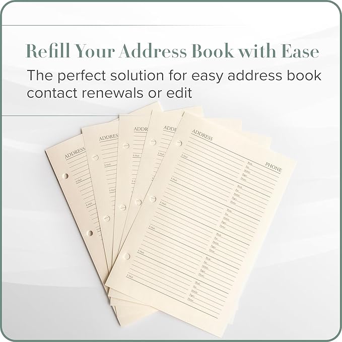 Gallery Leather Address Book Refill Replacement Pages - 3 Ring 5.5 x 8 Size, 15 Sheets, 30 Pages for 180 Entries, Quick and Easy Contact Storage and Updates