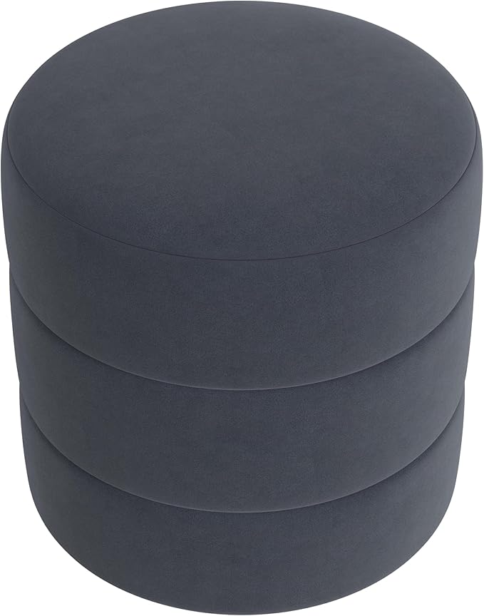 HomePop Upholstered Round Ottoman Home Décor|Foot Rest Ottoman - Steel Blue Velvet