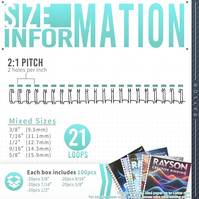 Rayson Double Loop Binding Wires, Mixed Sizes (3/8", 7/16", 1/2", 9/16", 5/8") 2:1 Pitch Wire Binding Spines, 21-Loop Black, Pack of 100