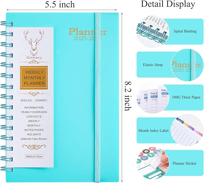 Daily Planner 2025-2026, Weekly and Monthly Planner 2025-2026 Academic Year, July 2025-December 2026 Calender Planner, 8.2"×5.5", 18 Months (JUL.2025-DEC.2026 Light Blue)