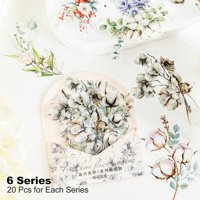 Floral Branch PET Stickers Set, 120PCS Botanical Flower Stickers for Scrapbooking, Journaling, DIY Crafts, and Art Supplies