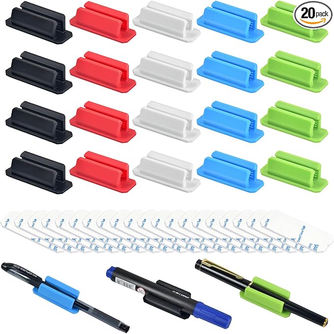 20 Pack Pen Holder Silicone,Adhesive Pen Holder for Desk,Marker Clip for Classroom Office Desk Accessories, Pencil Holder with 20 Double Sided Extra Sticky Tape (Multi-colour combinations)