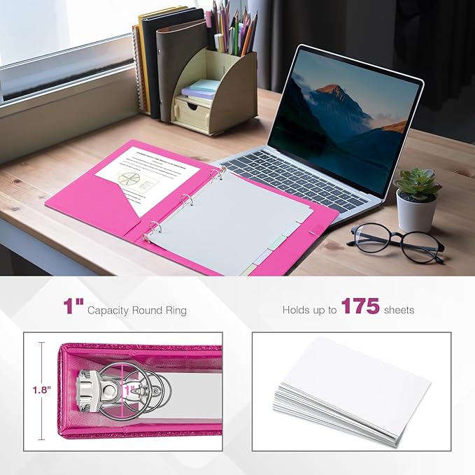 Ospelelf 3 Ring Binder 1 Inch, Vintage Leather Clipboard Binders, Binder Organizer Dividers with Tabs for Letter Size, Professional Office Portfolio, Glitter Pink