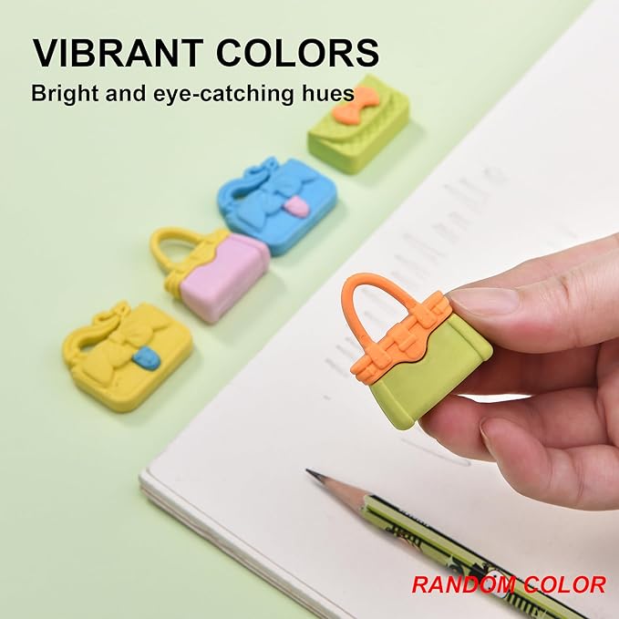 24Pcs Cute Bag Shape Erasers for Girls Kids, Fun Handbag Pencil Erasers for School Classroom Supplies Birthday Party Favors