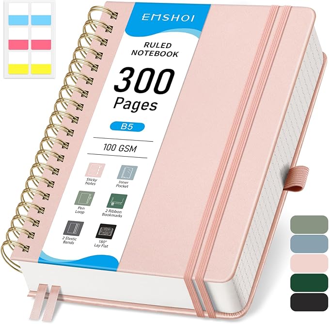 EMSHOI B5 Leather Hardcover Spiral Notebook - 300 Numbered Pages, 100 GSM Thick Paper, College Ruled Journal for Work, Writing & Note-Taking, 7.48" x 10.15", Rose Gold for Men & Women