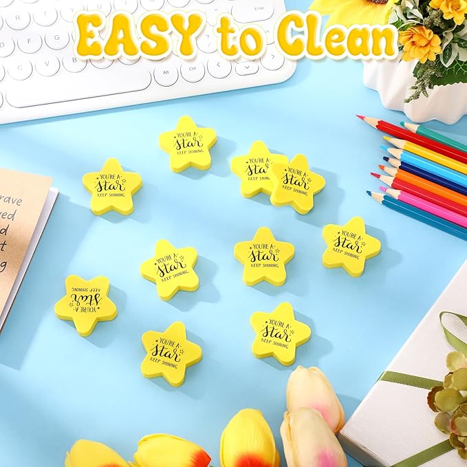 Spakon 100 Pcs Inspirational Star Erasers for Kids Bulk Cute Back to School Erasers 1.57" Fun Eraser for Classroom Prize You're A Star Yellow Motivational Gift for School Student Rewards