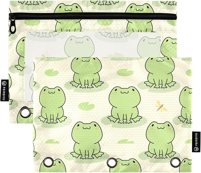 ZAZYXTJ Frogs Binder Pencil Pouchs 3 Ring with Zipper Clear Window Office Organizers bag for School Students Teacher Supplies 2 Pack