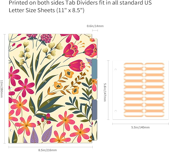 Ospelelf 3 Ring Binder, 1/2 Inch, Cute Floral Binder for Letter Size (11" x 8.5") with 5 Tab Dividers, File Folder Labels and Low Profile Clipboards