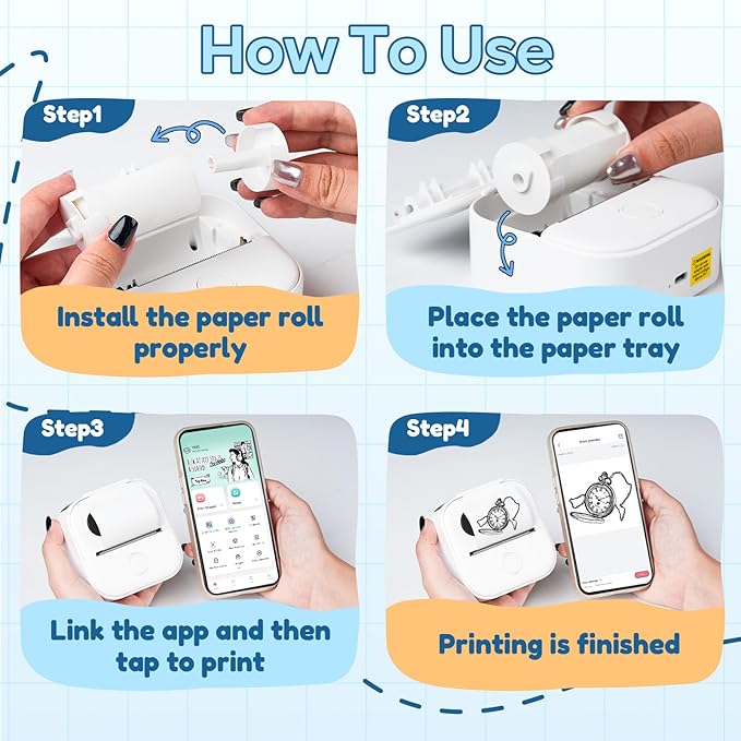 Print Pods Mini Printer, Sticker Maker Machine Y02C, Mini Portable Printer with 1 Roll Paper, Bluetooth Inkless Receipt for Phone, Thermal Portable Maker for Journal, Note, Photos, Learning