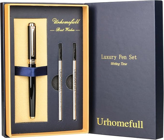 Stunning Luxury Rollerball Pen with 24K Gold Trim,Switzerland Tip with Black Ink Refills, Perfect BallPonit Pen Gift Set for Men Women, Fancy Writing Set for Business,Gloss Black