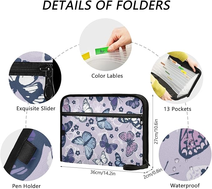 Expanding File Folder,13 Pocket Accordion File Folders with Sticky Labels, A4 Letter Size Paper Document Organizer with Zipper Closure for Office School Boys Girls,Butterfly and Flower