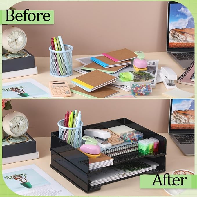2 Pcs Stackable Letter Tray Rectangular Plastic Desk Organizer 13 x 9.5 x 2.6 in Paper Holder File Tray Accessories Rack for Desktop Office Desk Drawers (Black)