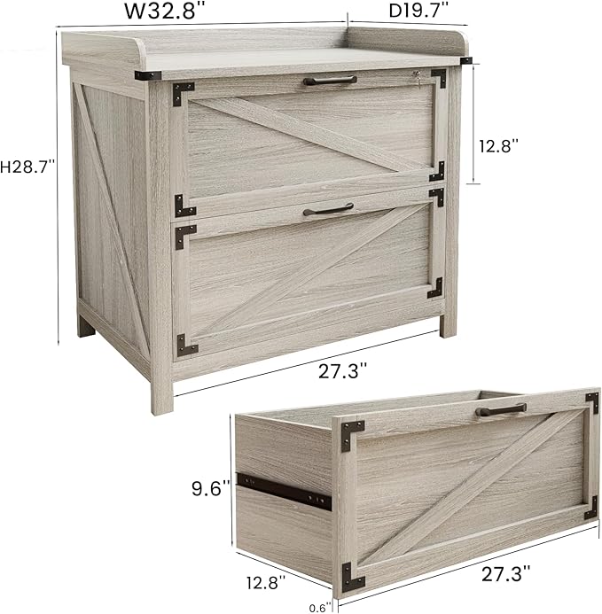 2 Drawer File Cabinet with Lock, Modern Farmhouse Filing Cabinet for Legal/Letter/A4 Size Hanging Files, Large Wood File Cabinets for Home Office