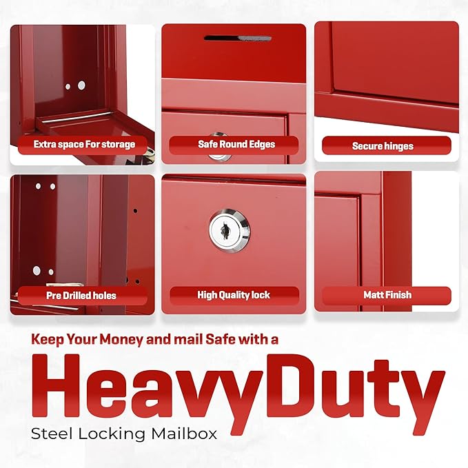 Metal Donation Box-Suggestion Box with Slot and lock-Cash Lock box for Money-Secure Drop Box-Comment and ballot voting box-comes with pre-drilled holes for easy wall mounting 10 X 6 X 2.5"(Red)