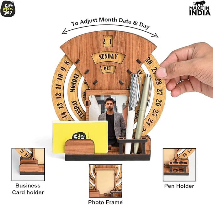 GKD Calendar To Lifetime, Calendar With Desk Organizer And Photo Frame For Office, Home Decor, Corporate Gifts (Dark Wood Eco Friendly)