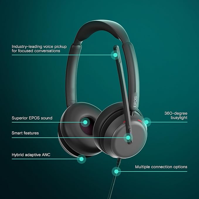 EPOS Impact 860T ANC Dual-Sided Wired Headset with Active Noise Cancellation, Microsoft Teams Certified, USB C and USB A, Super Wideband Audio, Ideal for Office Calls, Zoom, Home & Hybrid Work