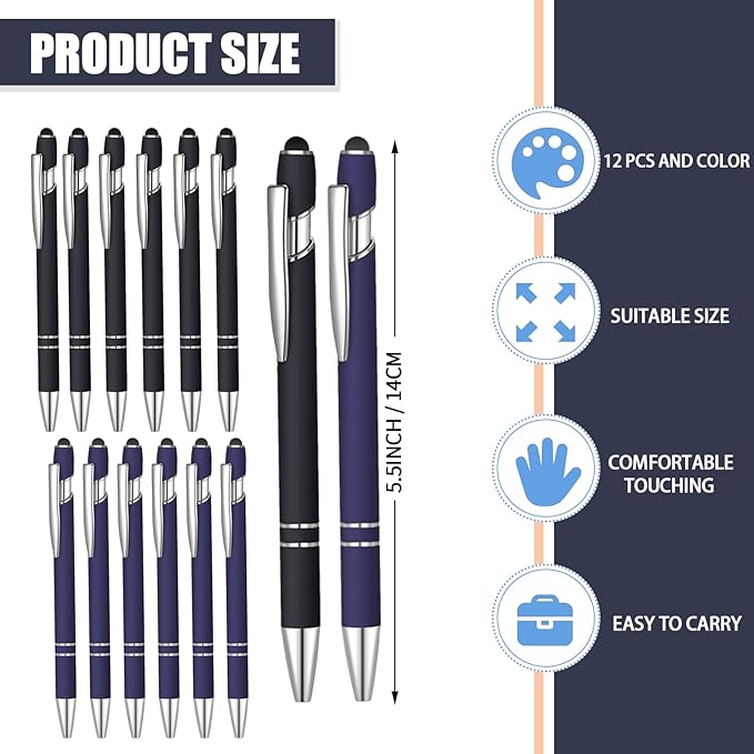 12 Pcs Blue Ink Ballpoint Pen with Stylus Tip, 1.0 mm Metal Pen Stylus Pen for Touch Screens, 2 in 1 Thank You Pen Gift for Friends, Colleagues, Coworker, Office, Family(Blue Black)