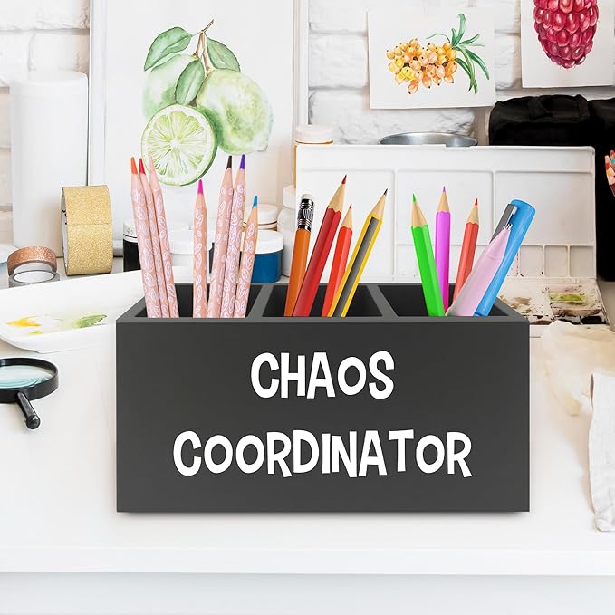 Chaos Coordinator Black Pen Pencil Holder Organizer for Desk, Thank You Gifts for Women Men Coworkers Boss Leader Manager, Appreciation Gifts Wooden Box Sign for Office Tabletop Decorations