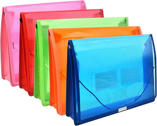 Expanding File Folder Document Organizer r with Flap and Cord Closure, Waterproof Transparent Document Bag, 2.8" Expansion, Letter A4 Expandable File Folder for Home School Office Organization，5 Pack