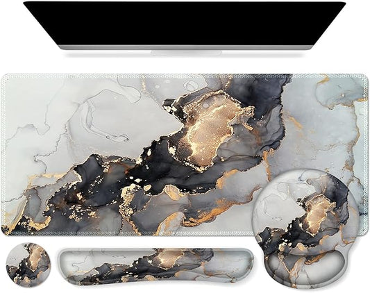 iCasso Desk Mat, Gaming Mouse Pad Wrist Support Set,4in1 XXL Large Mousepad + Keyboard Wrist Rest+Mouse Wrist Rest+Coaster Set with Ergonomic Design for Home Office Table Computer-Grey Ink Marble