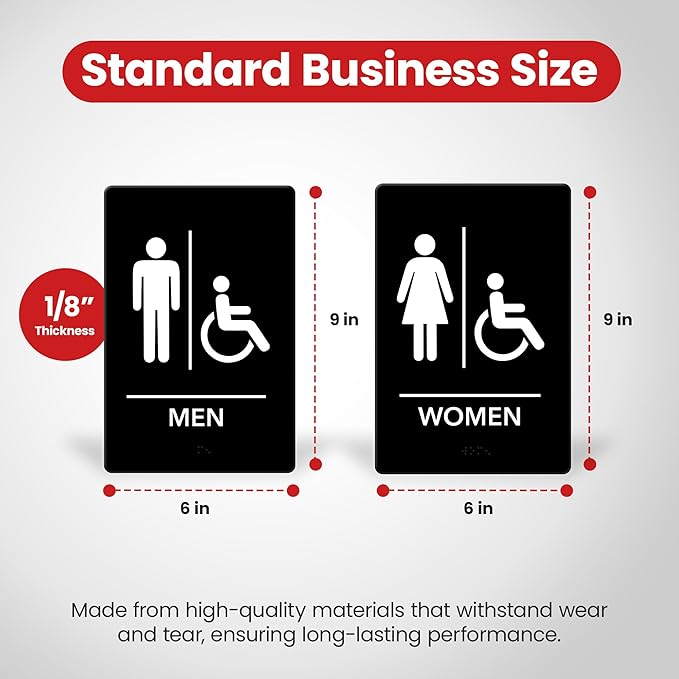 Promot Men and Women Handicap Restroom Sign – ADA Braille Bathroom Sign for Business, Self-Adhesive, 9" x 6", Commercial Door Signage, Office Wall Decor - Black