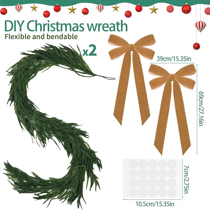 2-Pack Christmas Norfolk Pine Garland, 9ft Real Touch Garland,Artificial Winter Green Realistic Greenery Garlands for Mantle, Table, Wall, Indoor, Outdoor Xmas Decorations