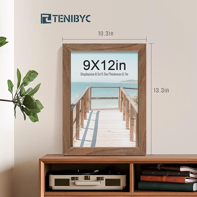 9x12 Frame 4 Pack - Brown Woodgrain, HD Tempered Glass, Natural Walnut Picture Frame 9 x 12, Table or Wall Display