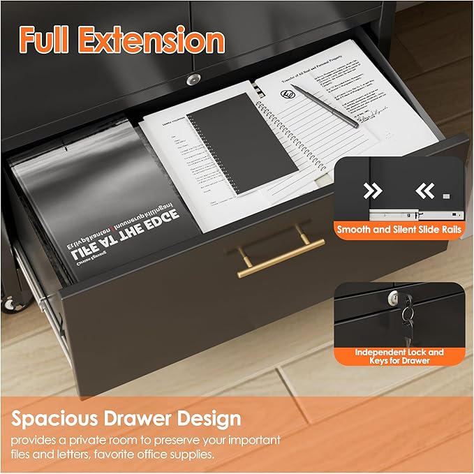 Aobabo Metal 1 Drawer Office File Cabinet with Lock and 2 Doors, Office Steel Files Cabinet with Wheels, Legal/Letter A4 Size, Assembly Required, Black