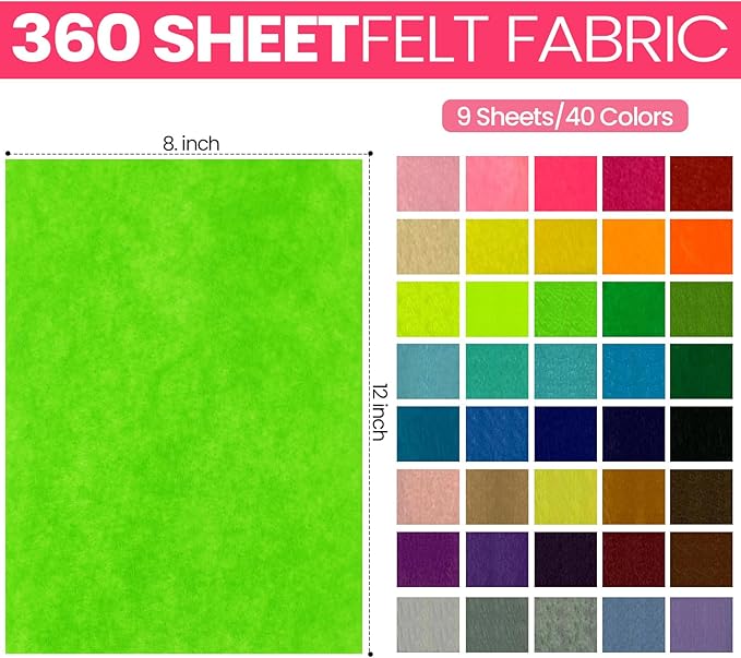 Reginary 360 Pcs Felt Fabric Sheets for Craft 12 x 8 Inch Felt Squares Bulk Assorted Color Felt Craft Sheets for DIY Sewing School Projects Patchwork Party Decoration, 40 Colors