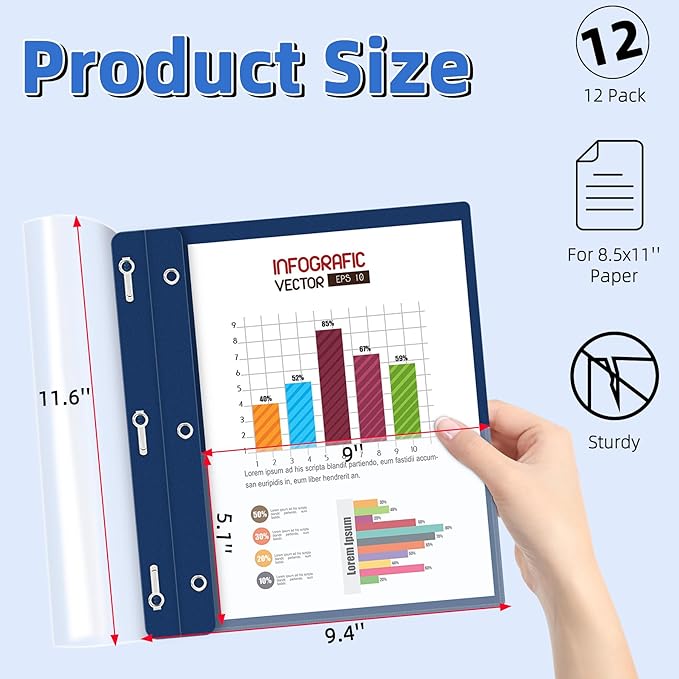 HAUTOCO 12 Pack Plastic Report Covers with 3-Prong Fasteners Clear Front Resume Portfolio Folder for 8.5x11 Letter Size Paper, Presentation Document Report Folders for Office School Use, Navy Blue