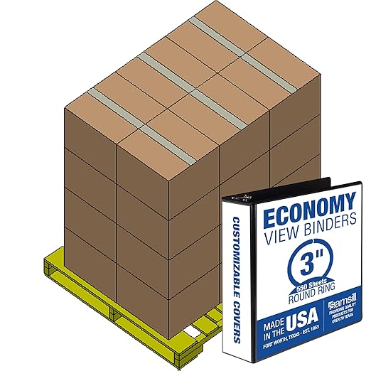 Samsill Economy 3 Inch 3 Ring Binder Bulk Pallet, Made in The USA, Round Ring Binder, Customizable Clear View Cover, Black, Pallet of 288 Binders in 24 Cartons