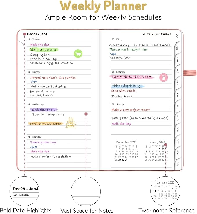 Forvencer Pocket Planner 2026, Weekly Monthly Planners with Month Tabs for Purse, 3.5" x 6", Jan 2026-Dec 2026, Cute Small Daily Academic Calendar, Elastic Band, Hardcover Agenda for Women, Teacher
