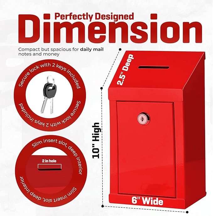 Metal Donation Box-Suggestion Box with Slot and lock-Cash Lock box for Money-Secure Drop Box-Comment and ballot voting box-comes with pre-drilled holes for easy wall mounting 10 X 6 X 2.5"(Red)