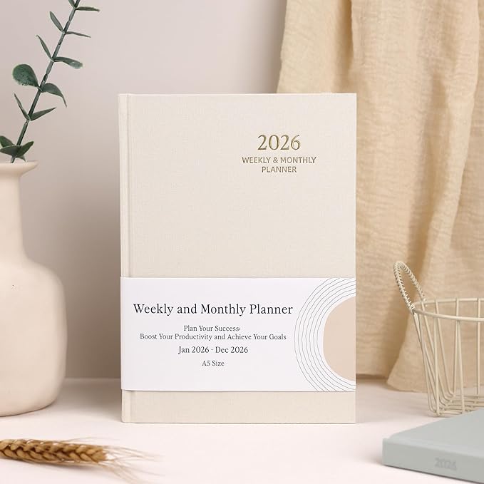 2026 Planner - Weekly and Monthly Planner, January 2026 - December 2026, Linen Hardcover, 2026 Calendar Planner Book with Tabs, Aesthetic, Perfect for Office Home School Supplies (Beige, A5)