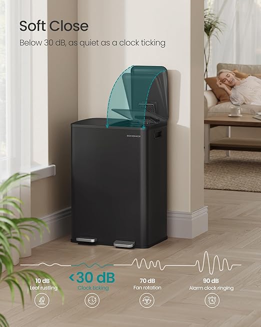 SONGMICS Trash Can, 2 x 8 Gallon (2 x 30 L) Dual-Compartment Garbage Can with Soft-Close Lid, Pedal and Inner Buckets, Stainless Steel, Includes 15 Liner Bags, Ink Black ULTB741B01