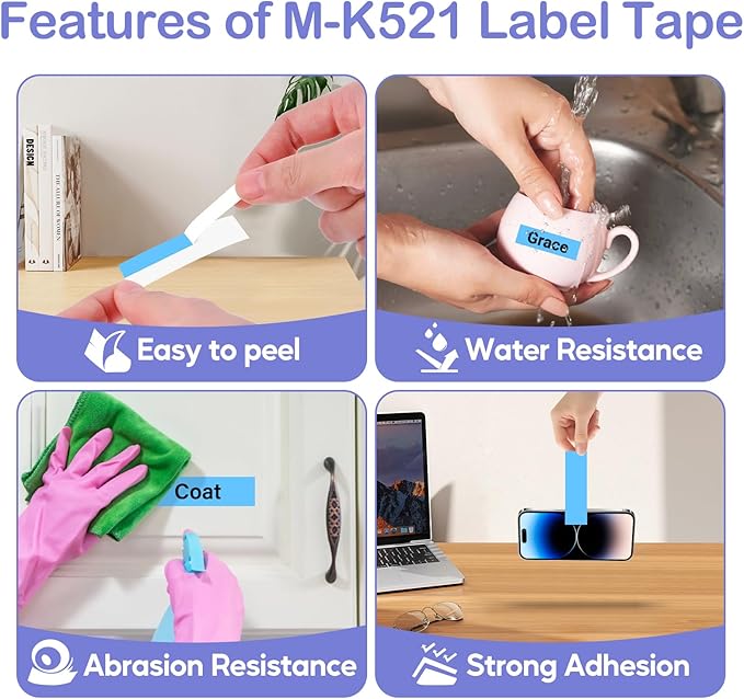 NineLeaf 4 Pack Compatible for ptouch M Label Tape MK521 M-K521 M521 Black on Blue 3/8" (9mm) x 26.2ft (8m) Labeling Refill Cartridge Work in PT-45M PT-65 PT-70 PT-80 PT-M95 Label Maker