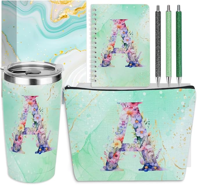 Personalized Gifts Monogrammed Birthday Gifts for Women, Bridesmaid Bachelorette Party Appreciation Christmas Initial 20 oz Tumbler, Makeup Bag Pens Journal Notebook 6 Set, (Aesthetic Green Flower A)