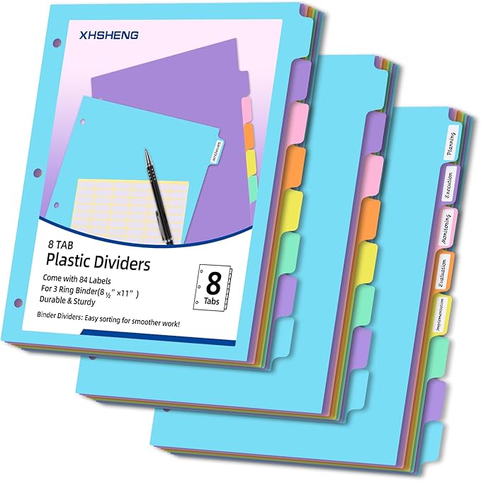 3 Ring Binder Dividers with TAB,24PCS/3 Set Plastic File Dividers,8 Tab 3 Hole Punch Dividers,Pastel Color,Letter Size,3 Sets